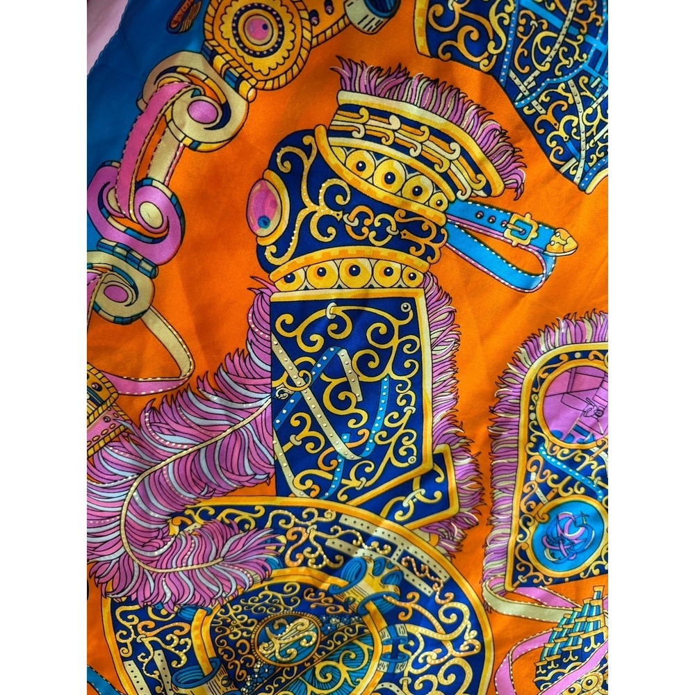 100% Mulberry Silk Scarf Orange Blue Pink Equestrian Armour Motif Quiet Luxury